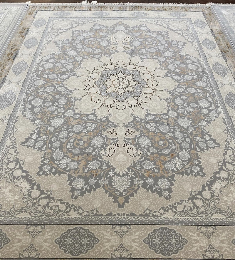 Light gray and gold medallion Turkish rug, design 5560A, photographed in our Sacramento showroom — Stylish Rugs & Carpets