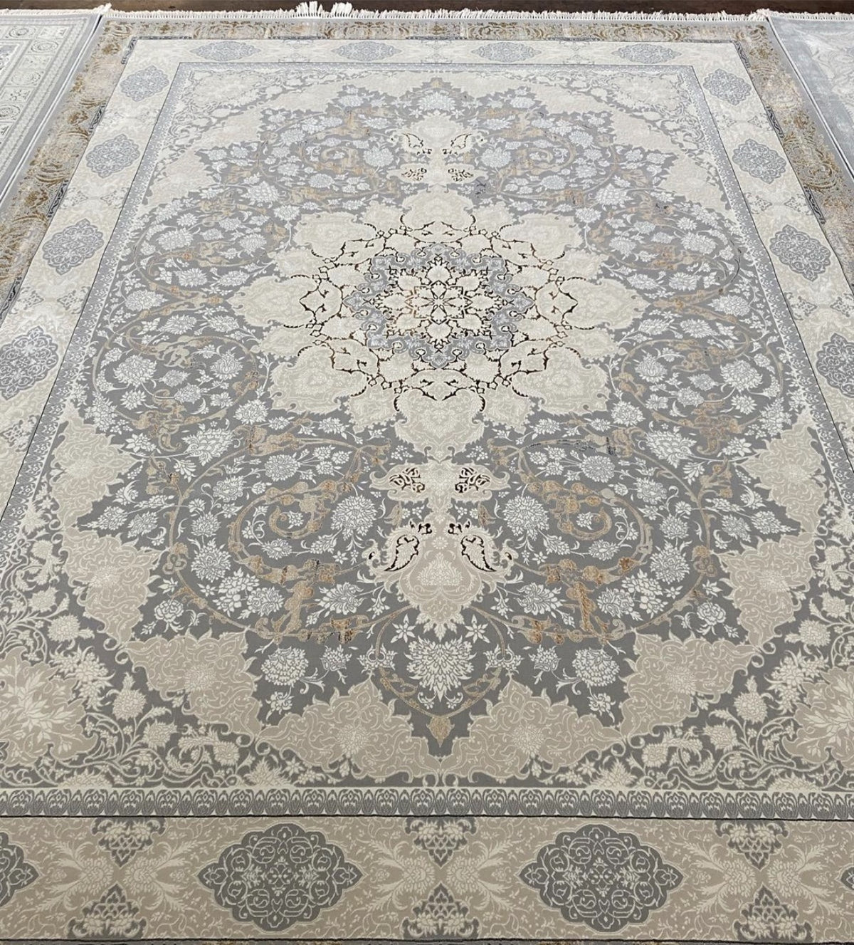 Light gray and gold medallion Turkish rug, design 5560A, photographed in our Sacramento showroom — Stylish Rugs & Carpets