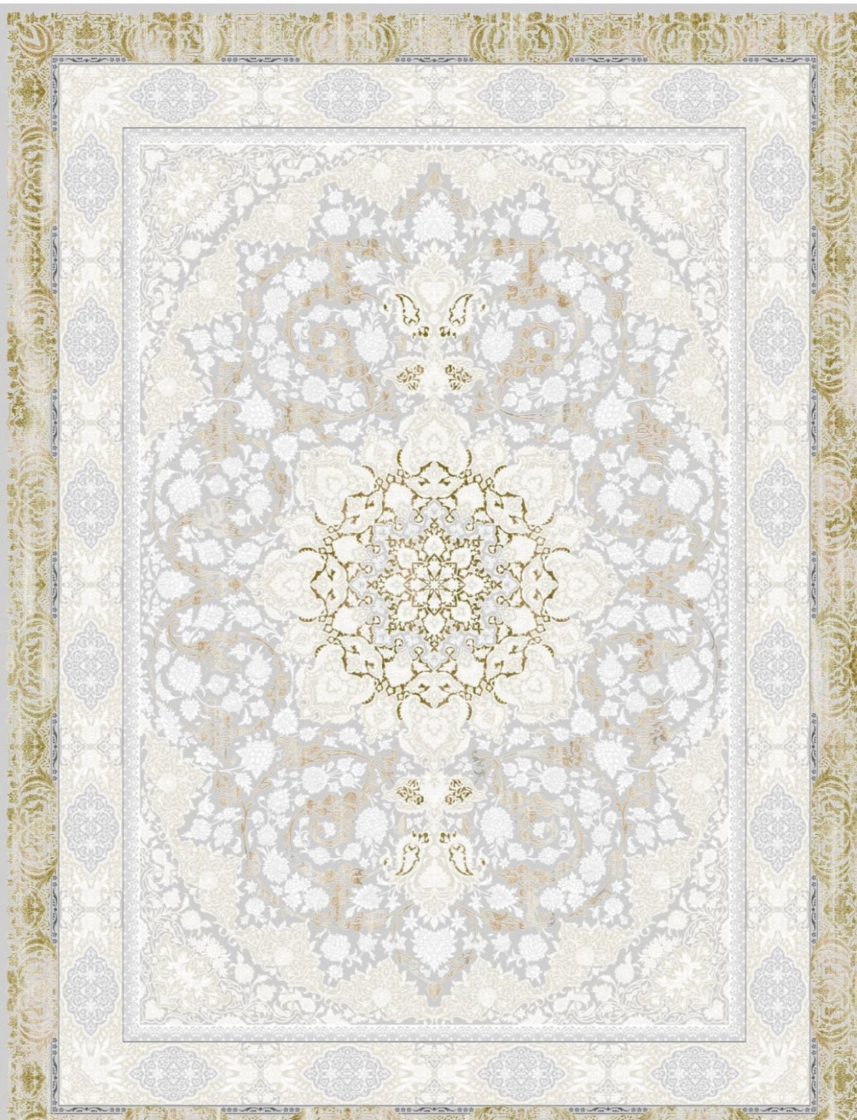 Light gray and gold medallion Turkish rug, design 5560A, with ivory borders and a distressed gold outer border — Stylish Rugs & Carpets