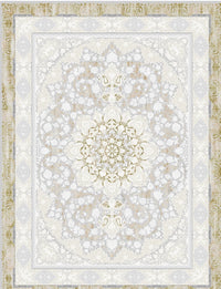 Light gray and gold medallion Turkish rug, design 5560A, with ivory borders and a distressed gold outer border — Stylish Rugs & Carpets