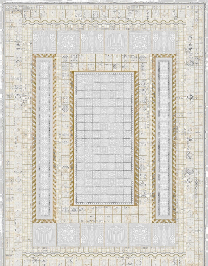 Light gray mosaic-tile panel Turkish rug, design 5556A, with gold rope borders around gray tiled panels — Stylish Rugs & Carpets