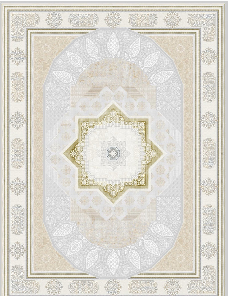 Light gray Turkish rug, design 5553A, with an eight-pointed gold star medallion inside an oval panel — Stylish Rugs & Carpets