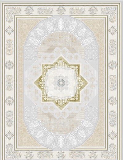 Light gray Turkish rug, design 5553A, with an eight-pointed gold star medallion inside an oval panel — Stylish Rugs & Carpets