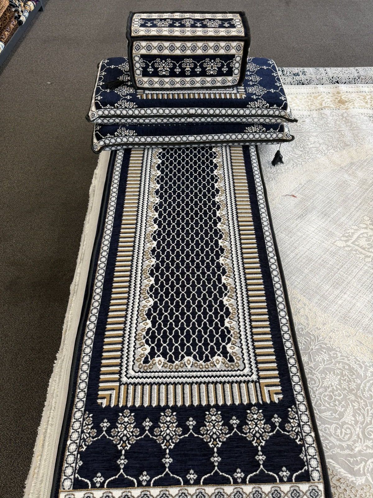 Navy and gold Arabic majlis 4-piece floor sofa set — Stylish Rugs & Carpets, Sacramento