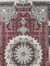 Red & Cream Medallion Persian Rug pile macro detail