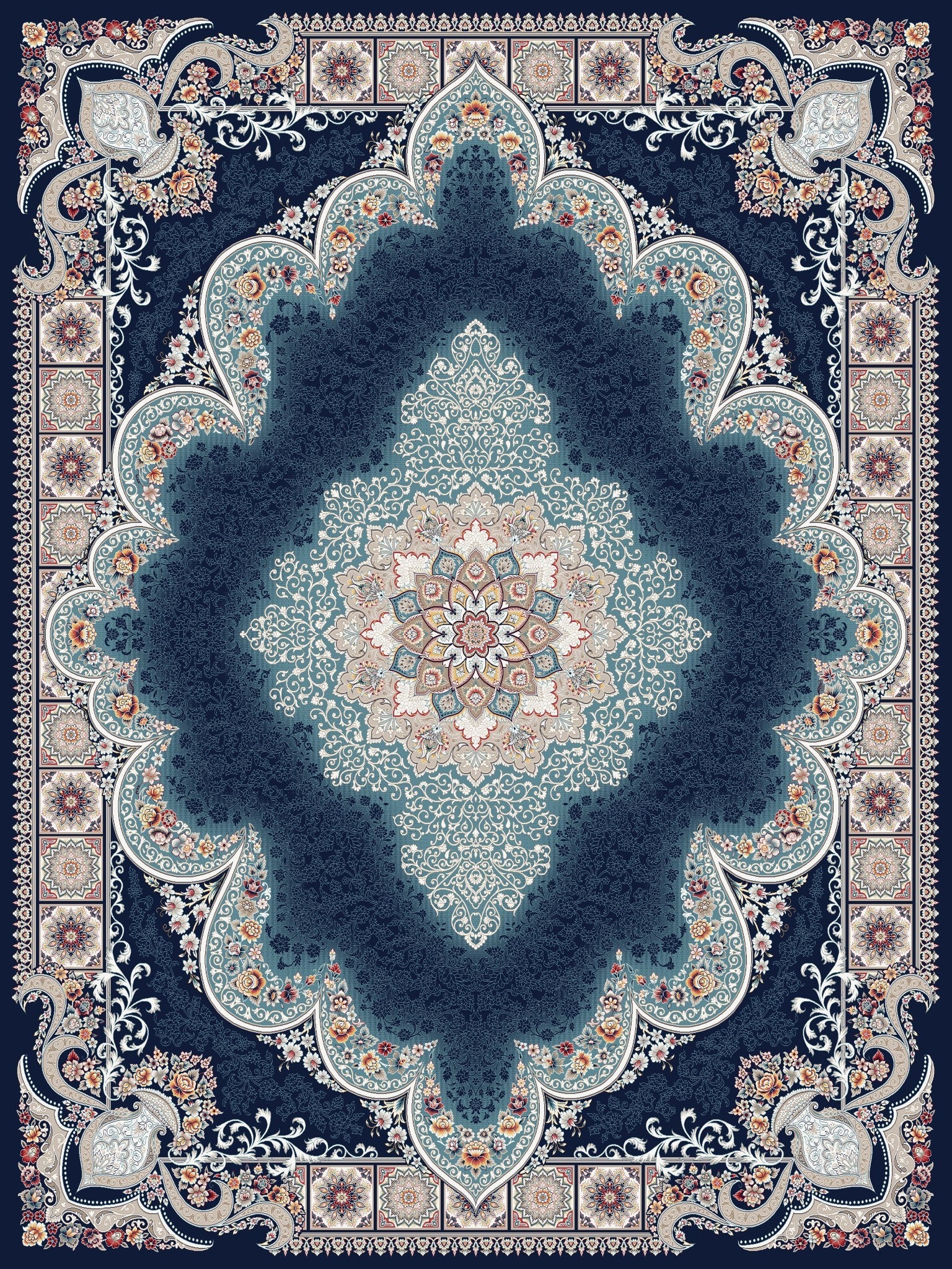 2026 Luxury Traditional Persian-Inspired Rug – Navy Blue with Ornate Medallion & Arch Design | 1200 Reeds