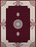 Red Persian-design rug, design 5578A, with a round floral medallion on a red-and-navy lattice field and ivory scroll borders — Stylish Rugs & Carpets