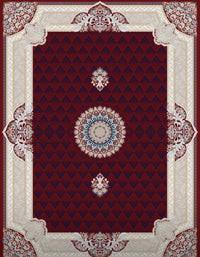 Red Persian-design rug, design 5578A, with a round floral medallion on a red-and-navy lattice field and ivory scroll borders — Stylish Rugs & Carpets