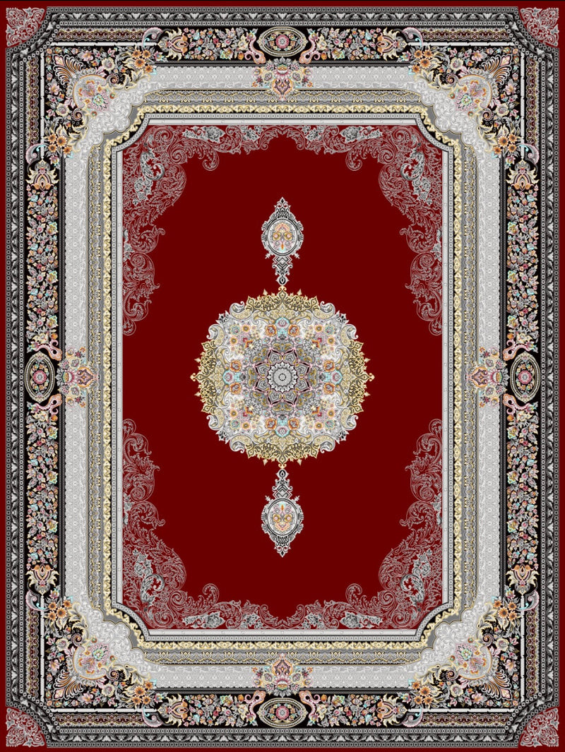 Red Shah medallion Persian-design rug, design 5525B, with ivory, gold and black floral borders — Stylish Rugs & Carpets