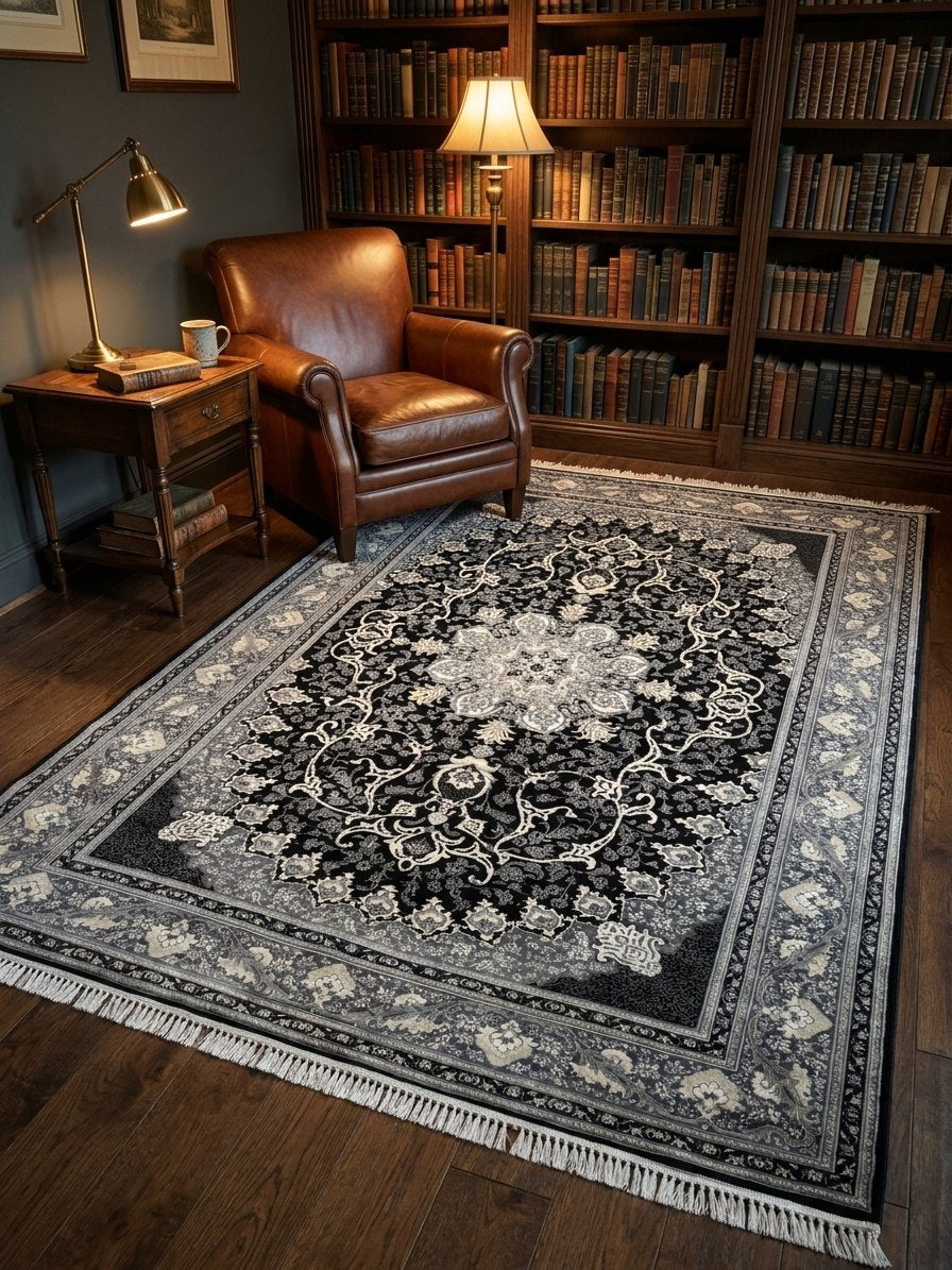 Room scene - Black & Gray Persian Design Rug