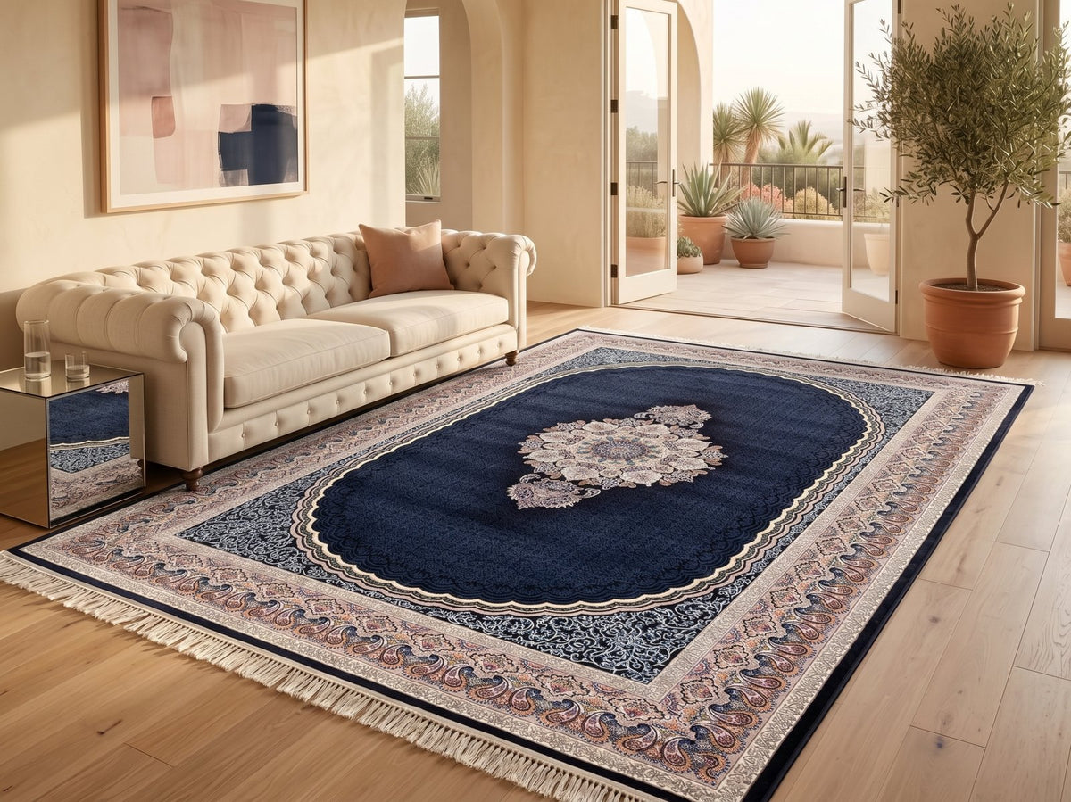 Navy Blue Traditional Persian Rug · 1200 Reeds — size 3x13 Feet (91x400 cm) 4Meters Runner shown to scale in a living room — Stylish Rugs & Carpets, Sacramento