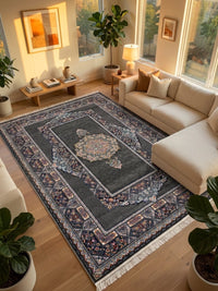 Dark Gray Medallion Persian Rug · 1200 Reeds — size 3x10Feet (91x300cm)  3Meters Runner shown to scale in a living room — Stylish Rugs & Carpets, Sacramento