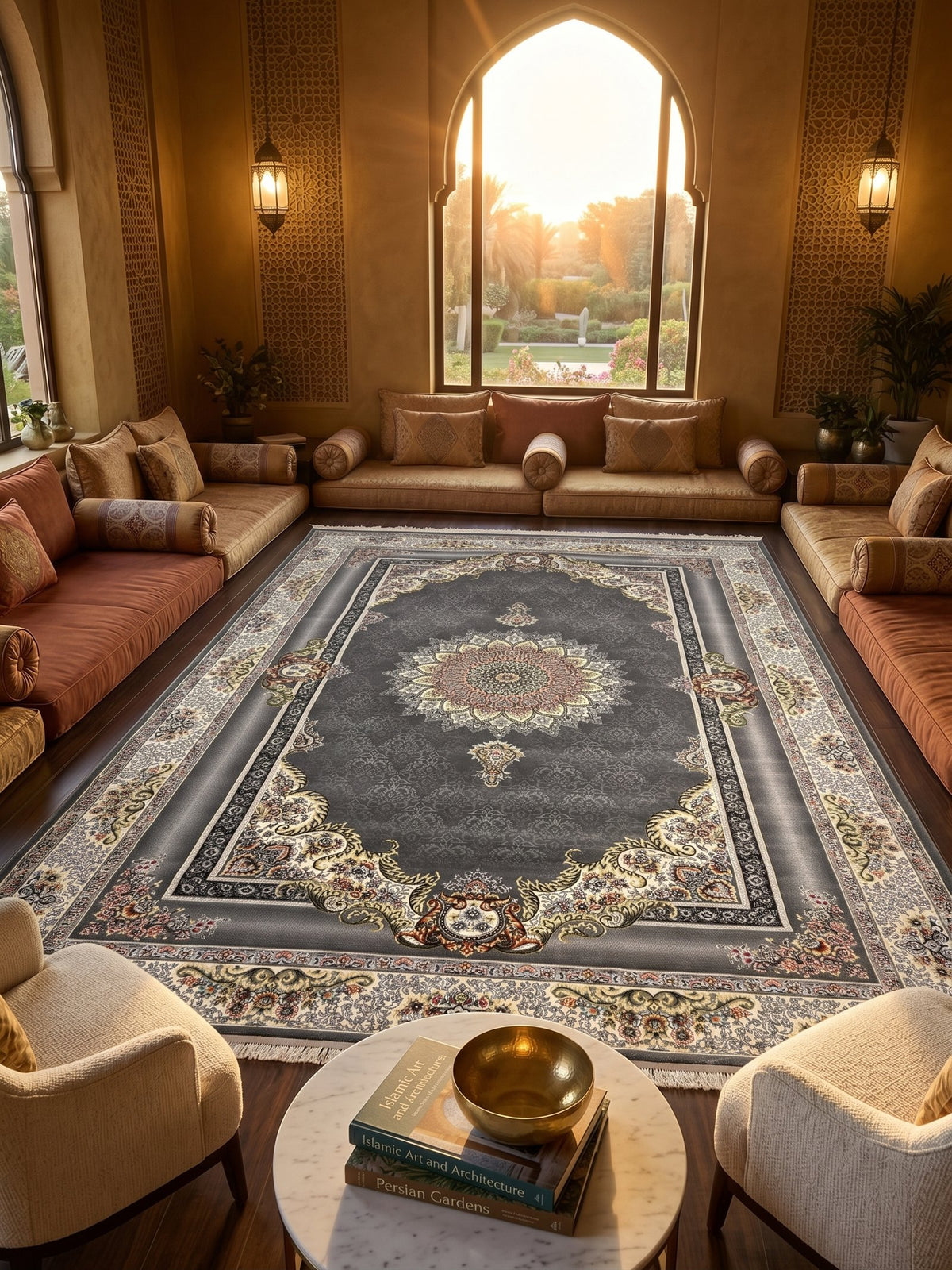 Dark Gray Circular Floral Turkish Rug styled in a room — Stylish Rugs & Carpets, Sacramento