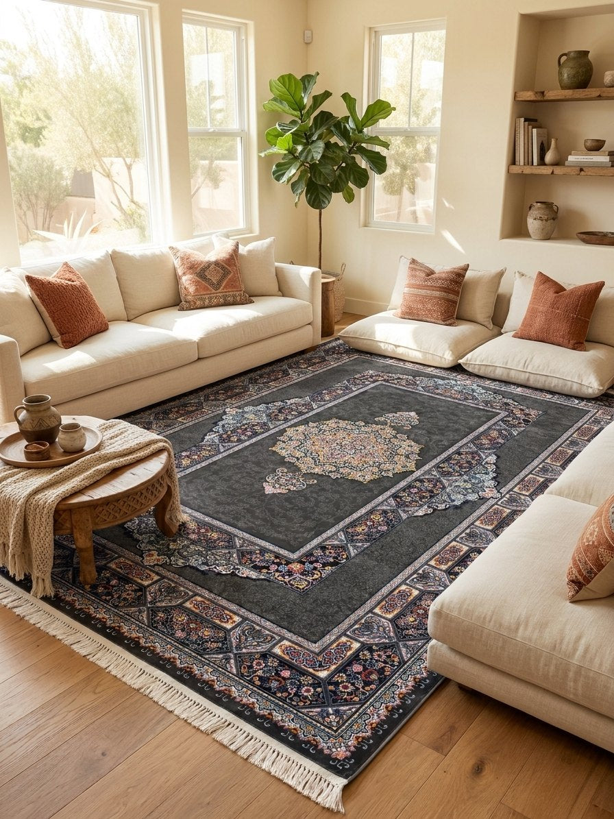 Dark Gray Medallion Persian Rug · 1200 Reeds — size 5x7.5 ft (150x230 cm) 3.5Meters shown to scale in a living room — Stylish Rugs & Carpets, Sacramento