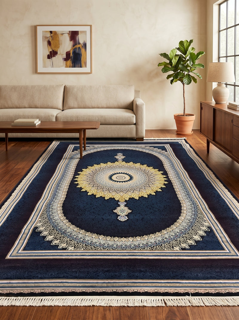 2026 Luxury Persian-Inspired Traditional Rug Deep Navy Burgundy Oval Medallion 1200 Reeds
