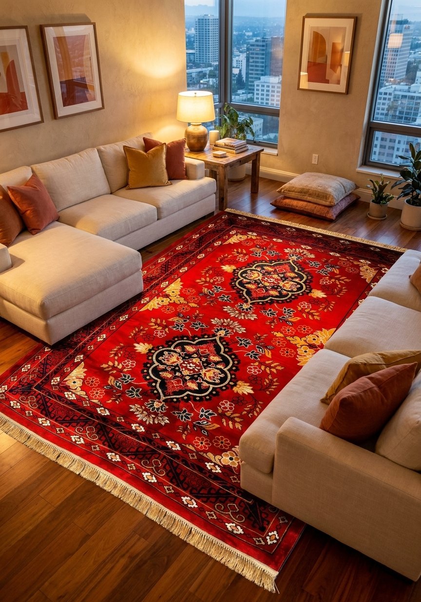 Afghan Red Tribal Persian Rug · 1200 Reeds — area rug styled in a room, Stylish Rugs & Carpets, Sacramento