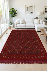 Red Diamond Lattice Turkish Rug — area rug styled in a room, Stylish Rugs & Carpets, Sacramento