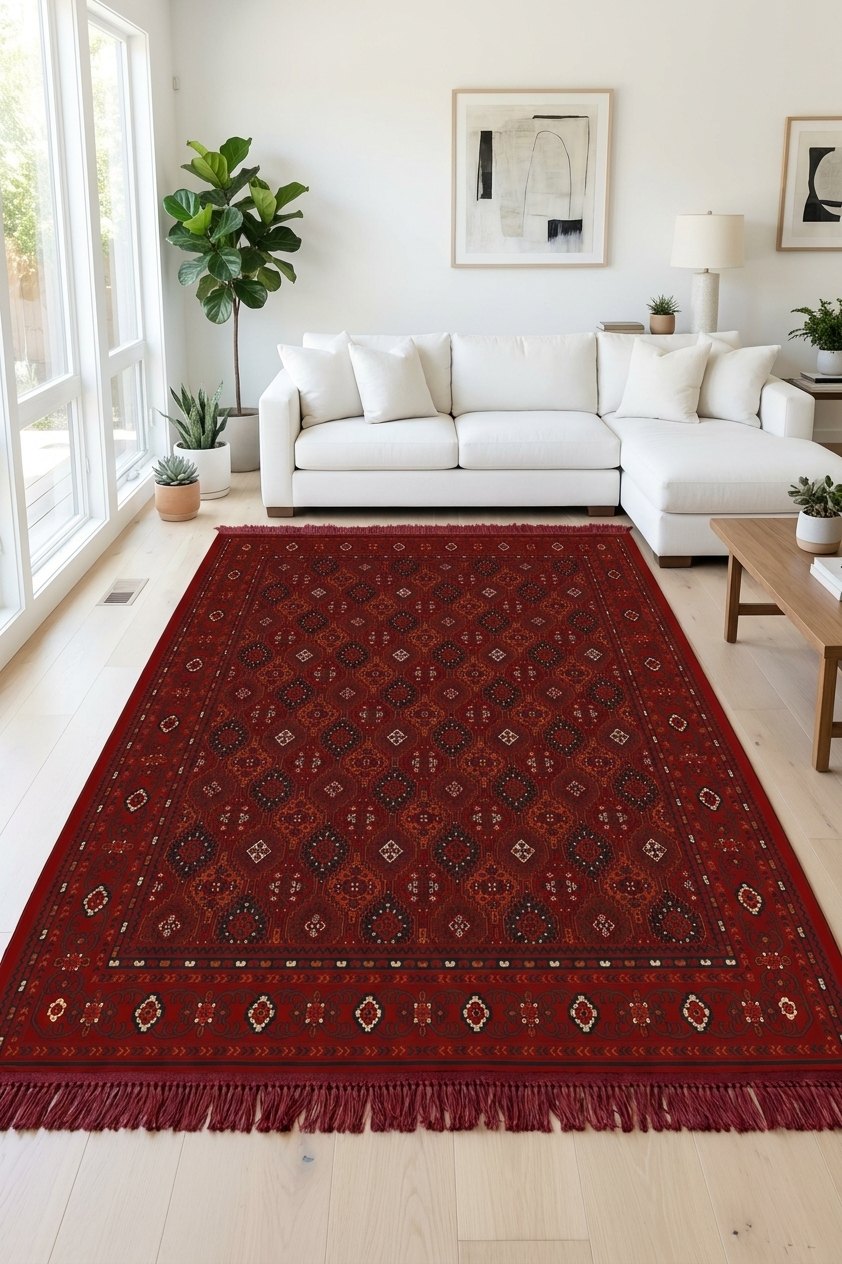 Red Diamond Lattice Turkish Rug — area rug styled in a room, Stylish Rugs & Carpets, Sacramento