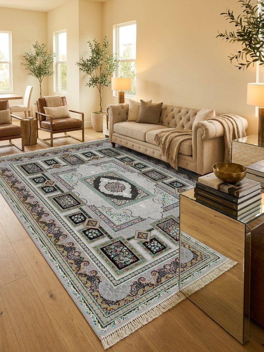 Silver Panel Persian Rug · 1200 Reeds — size 10x13 Feet (300x400 cm) 12Meters shown to scale in a living room — Stylish Rugs & Carpets, Sacramento