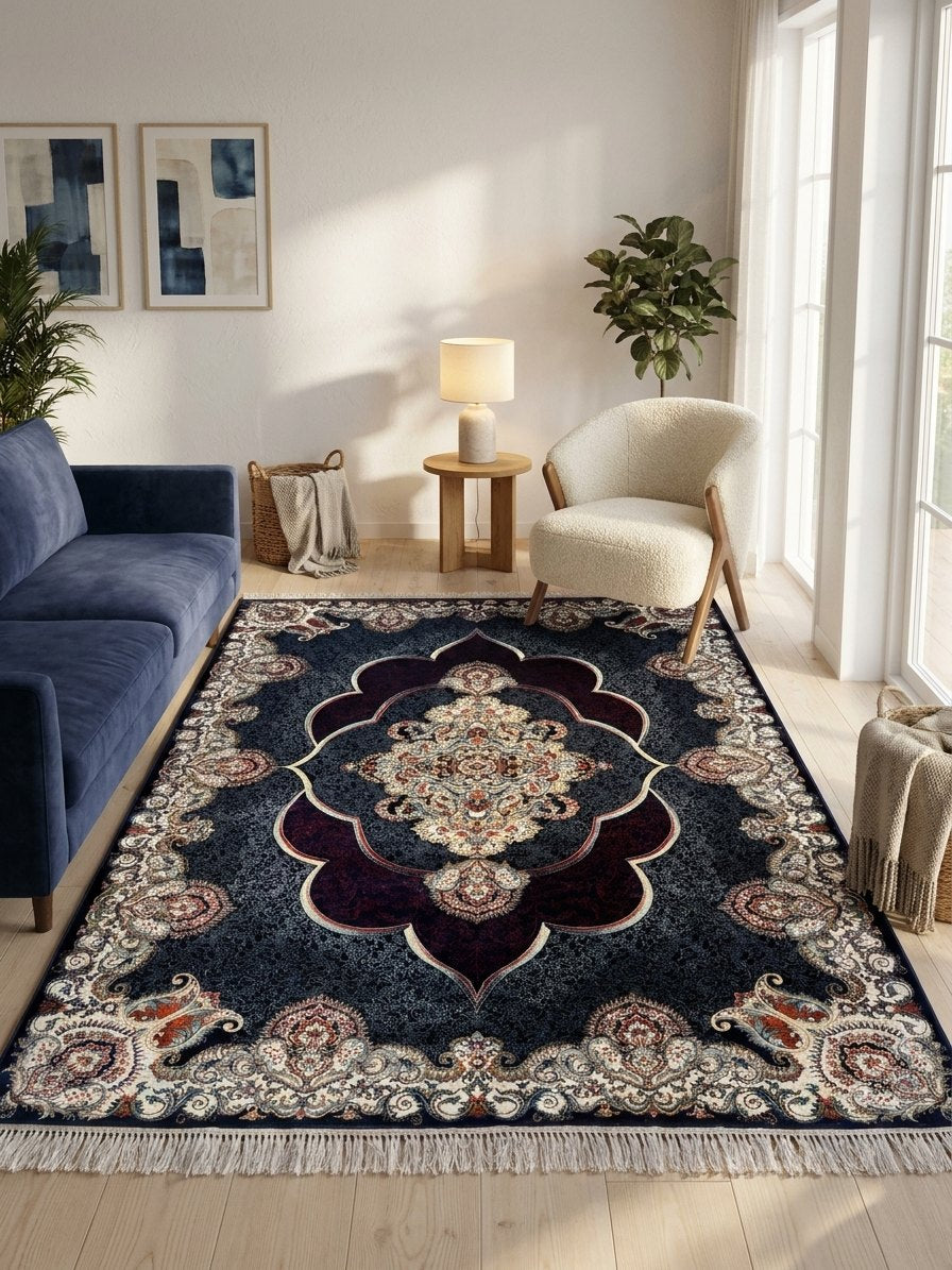 Mafkoor Persian Rug, Blue — 1200 Reeds — area rug styled in a room, Stylish Rugs & Carpets, Sacramento