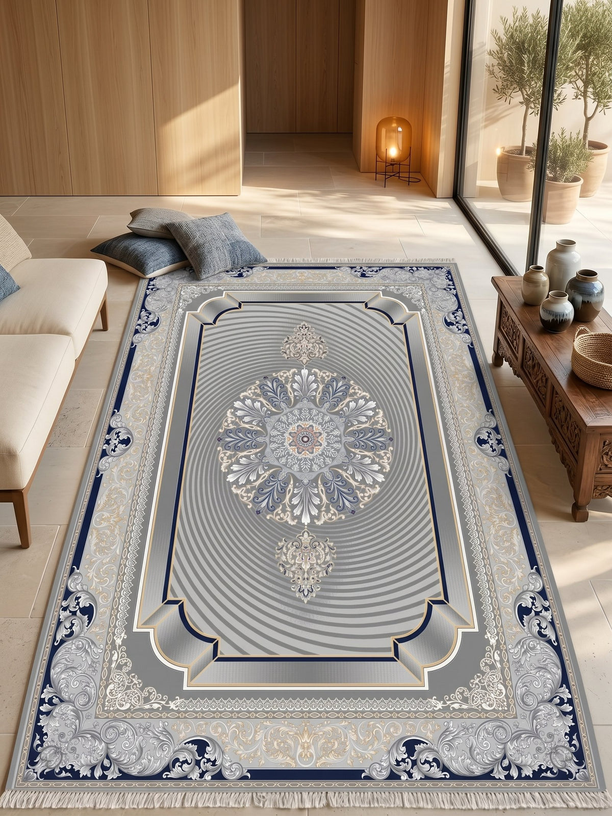 Dark Gray 3D Persian Rug · 1200 Reeds — size 8.2x11.5 Feet (250x350 cm) 9Meters shown to scale in a living room — Stylish Rugs & Carpets, Sacramento