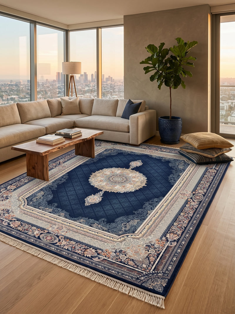 2026 Luxury Persian-Inspired Traditional Rug Deep Navy Classic Medallion 1200 Reeds