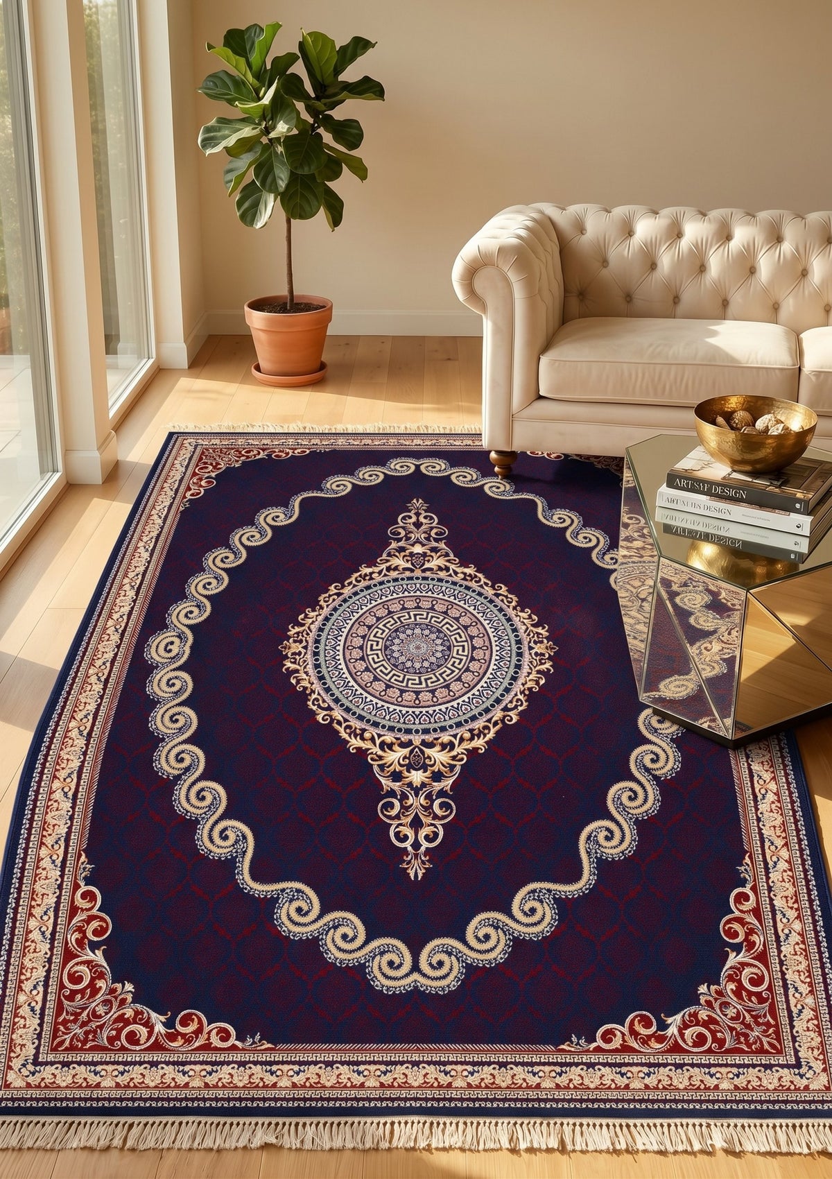 Burgundy & Gold Scroll Persian Rug · 1200 Reeds — size 5×7.5 ft (150×230 cm) shown to scale in a living room — Stylish Rugs & Carpets, Sacramento