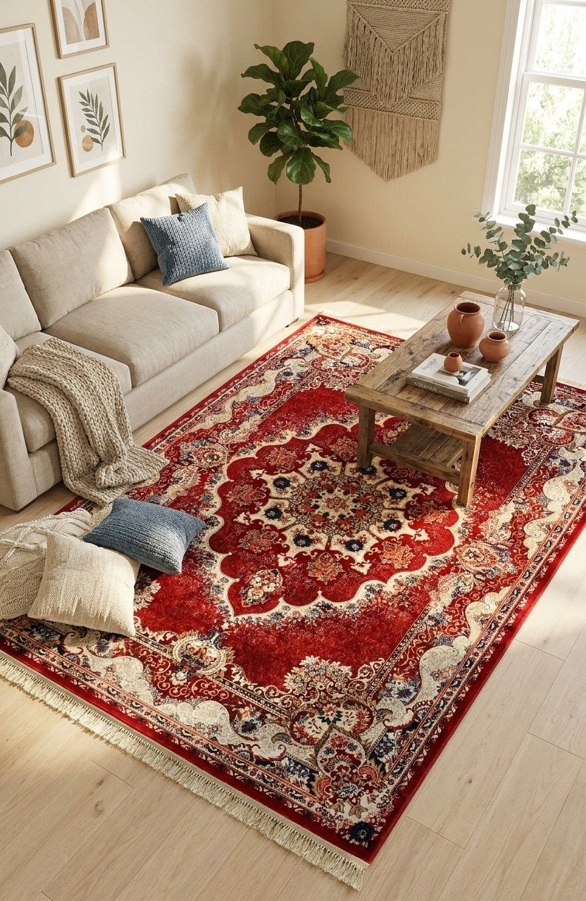 Majestic Crimson and Gold Persian Rug 1200 Reeds — area rug styled in a room, Stylish Rugs & Carpets, Sacramento