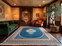 Teal Blue Traditional Medallion Persian Rug · 1200 Reeds styled in a room — Stylish Rugs & Carpets, Sacramento