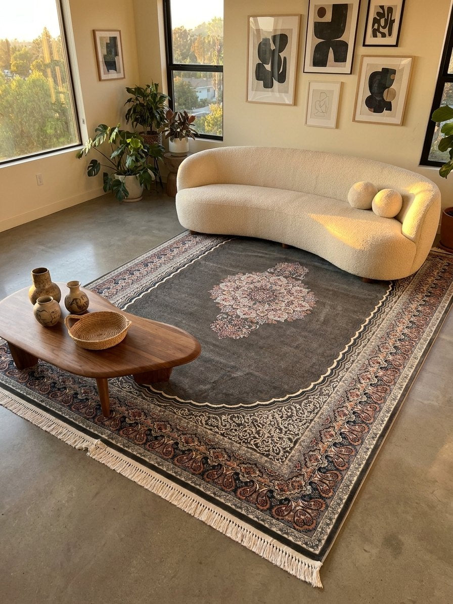 Dark Gray Medallion Persian Rug · 1200 Reeds rug styled in a Sacramento home — Stylish Rugs & Carpets