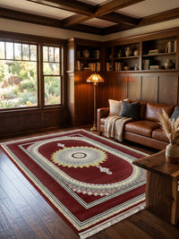 Red Sunburst Medallion Turkish Rug styled in a room — Stylish Rugs & Carpets, Sacramento