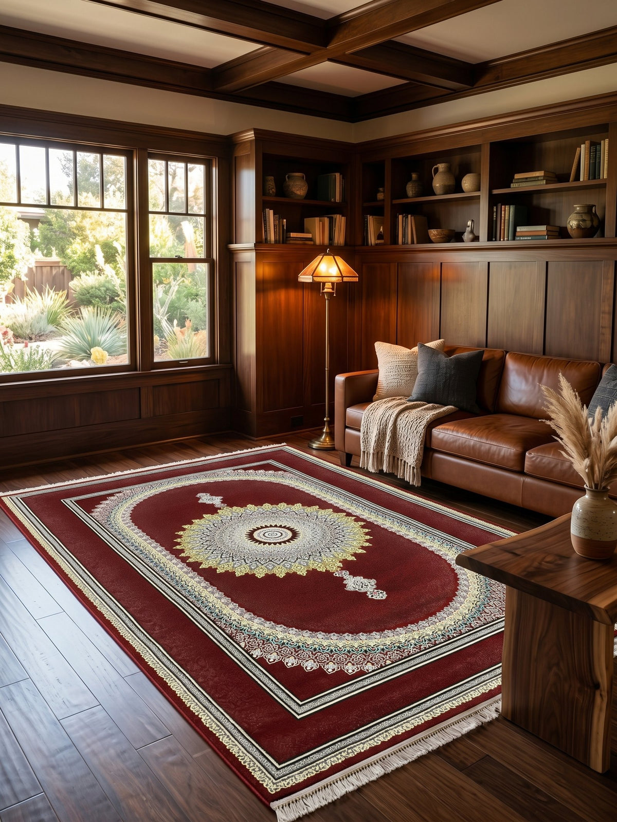 Red Sunburst Medallion Turkish Rug styled in a room — Stylish Rugs & Carpets, Sacramento