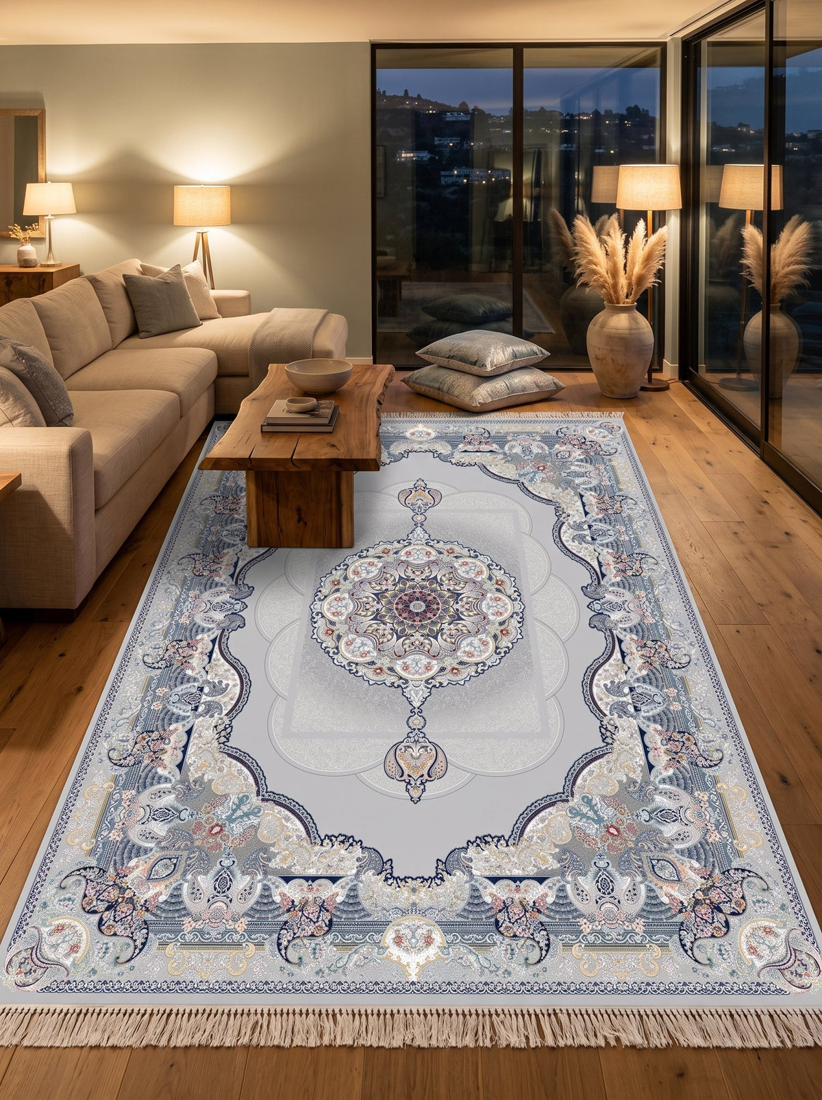 Light Gray Royal Medallion Persian Rug · 1200 Reeds styled in a room — Stylish Rugs & Carpets, Sacramento