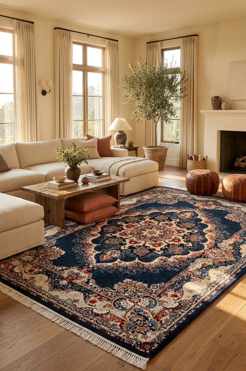 Royal Blue and Gold Imperial Rug 1200 Reeds — area rug styled in a room, Stylish Rugs & Carpets, Sacramento