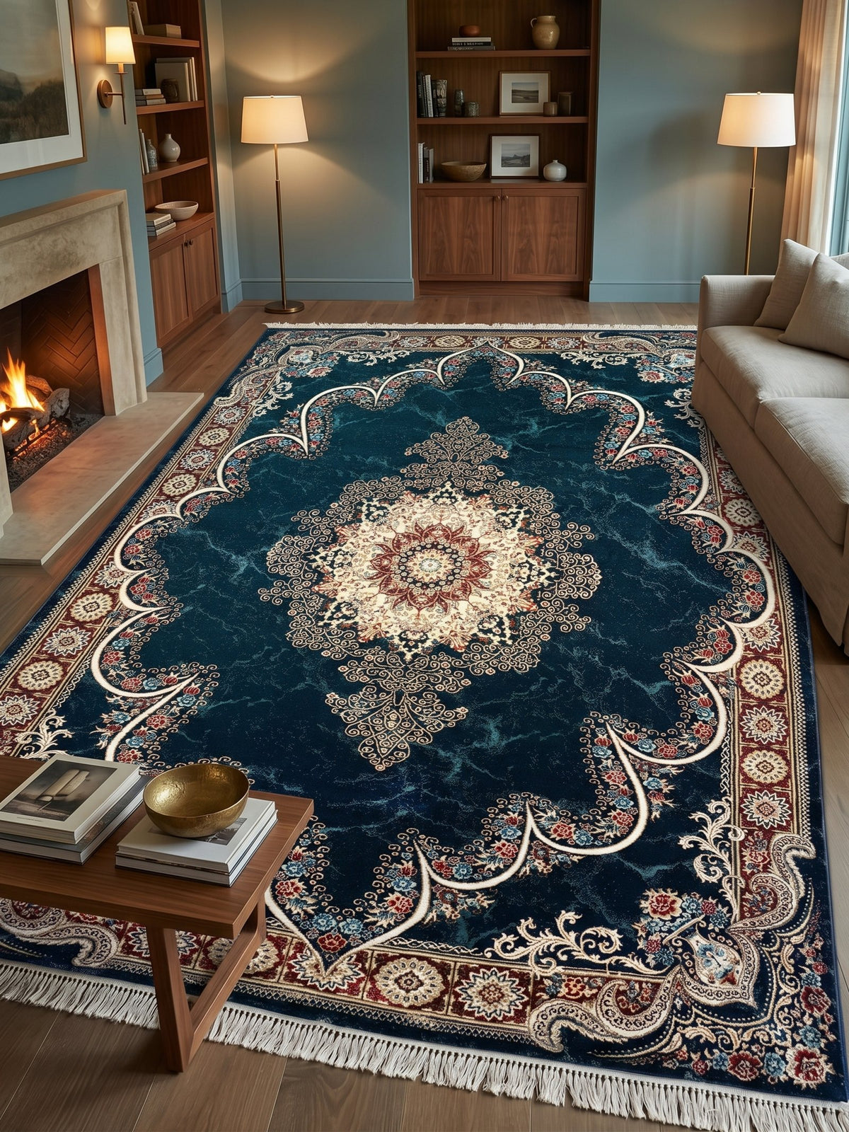 Luxury Navy Persian Rug — 1200 Reeds styled in a room — Stylish Rugs & Carpets, Sacramento