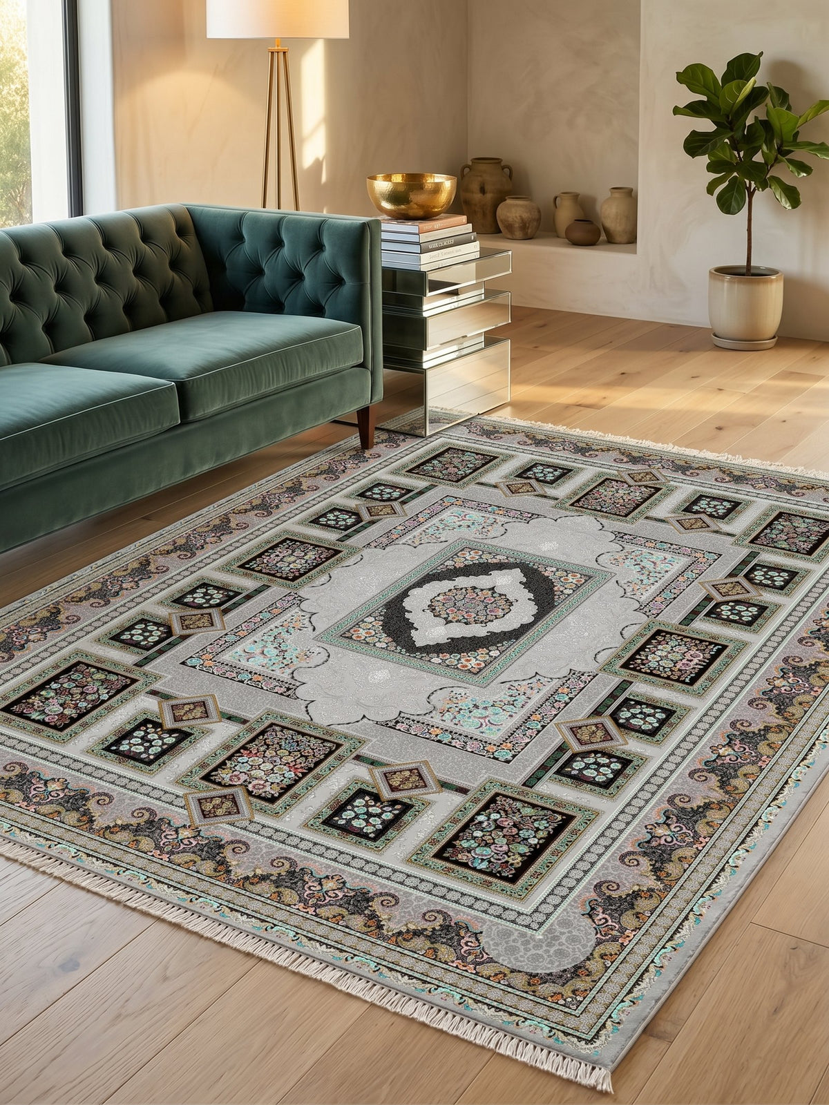 Silver Panel Persian Rug · 1200 Reeds — size 6.5x10 Feet (200x300 cm) 6Meters shown to scale in a living room — Stylish Rugs & Carpets, Sacramento
