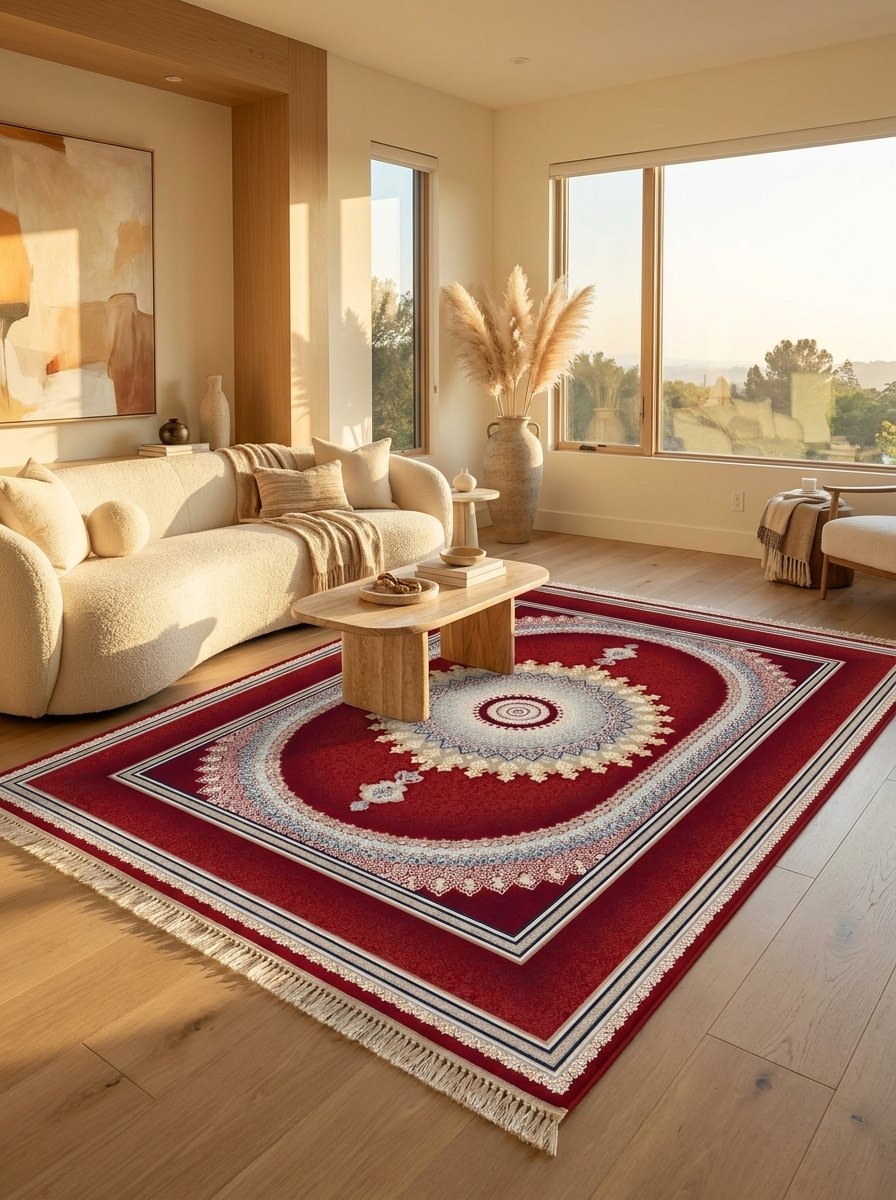 Royal Red Medallion Persian Rug · 1200 Reeds — size 5x7.5 ft (150x230 cm) 3.5Meters shown to scale in a living room — Stylish Rugs & Carpets, Sacramento