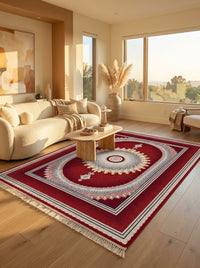Royal Red Medallion Persian Rug · 1200 Reeds — size 5x7.5 ft (150x230 cm) 3.5Meters shown to scale in a living room — Stylish Rugs & Carpets, Sacramento