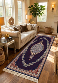 Red & Gold Scroll Persian Rug · 1200 Reeds — size 3x13 Feet (91x400 cm) 4Meters Runner shown to scale in a living room — Stylish Rugs & Carpets, Sacramento