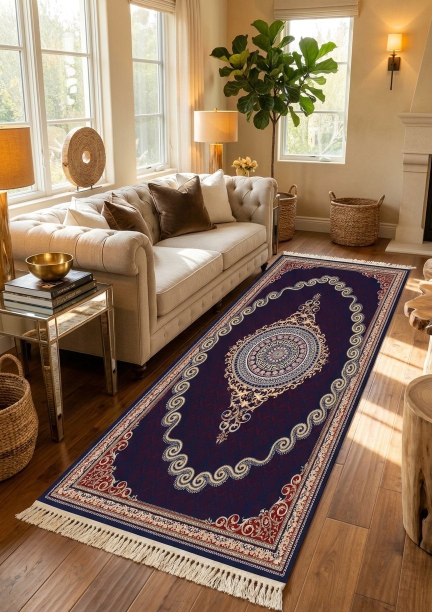 Red & Gold Scroll Persian Rug · 1200 Reeds — size 3x13 Feet (91x400 cm) 4Meters Runner shown to scale in a living room — Stylish Rugs & Carpets, Sacramento
