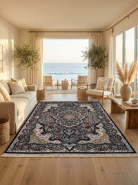 Kashan Persian Rug, Navy — 1200 Reeds — area rug styled in a room, Stylish Rugs & Carpets, Sacramento