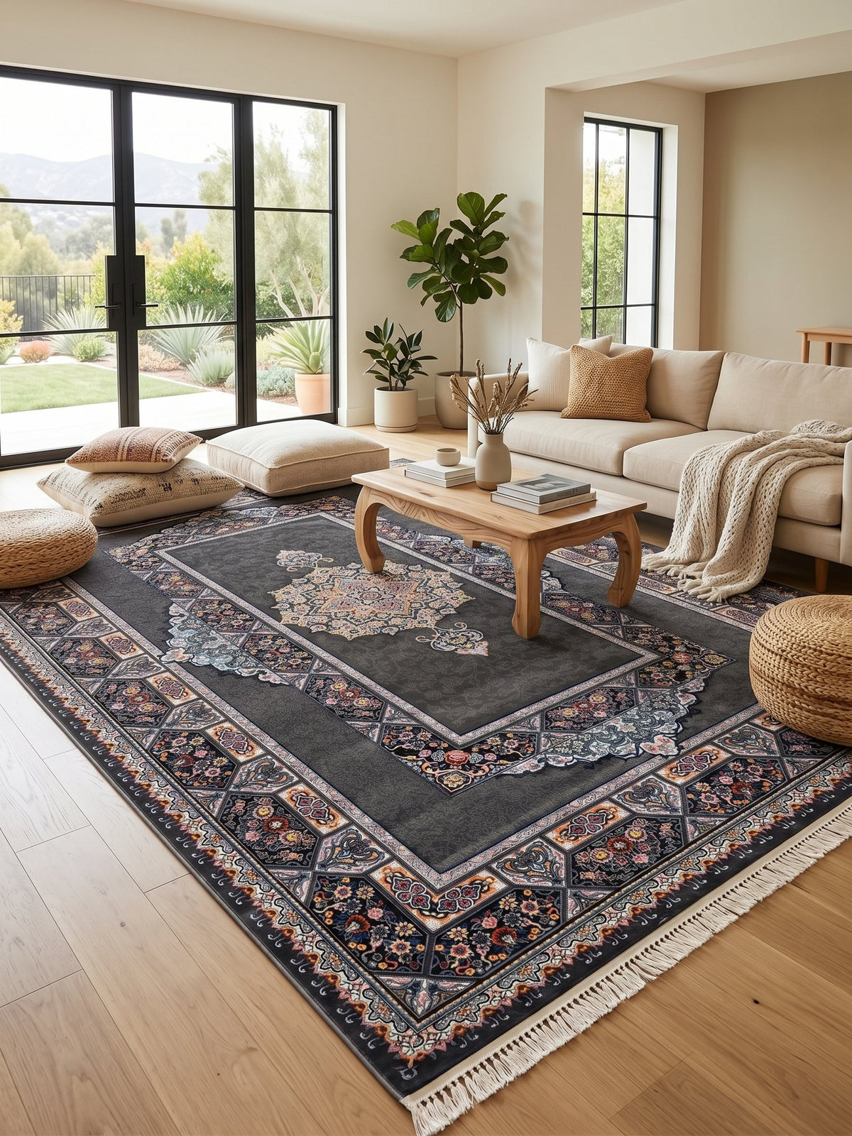 Dark Gray Classic Medallion Persian Rug · 1200 Reeds — size 8.2x11.5 Feet (250x350 cm) 9Meters shown to scale in a living room — Stylish Rugs & Carpets, Sacramento