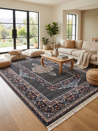 Dark Gray Classic Medallion Persian Rug · 1200 Reeds — size 8.2x11.5 Feet (250x350 cm) 9Meters shown to scale in a living room — Stylish Rugs & Carpets, Sacramento