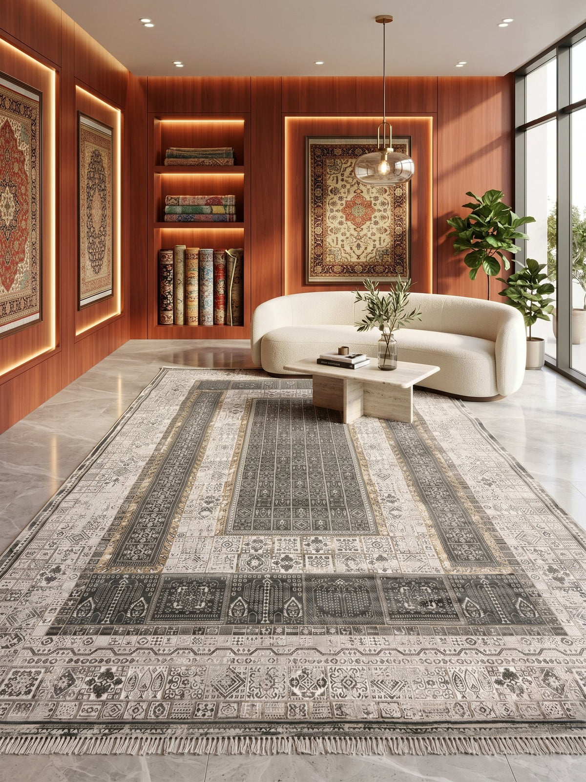Light Gray Geometric-Tile Panel Turkish Rug styled in a room — Stylish Rugs & Carpets, Sacramento