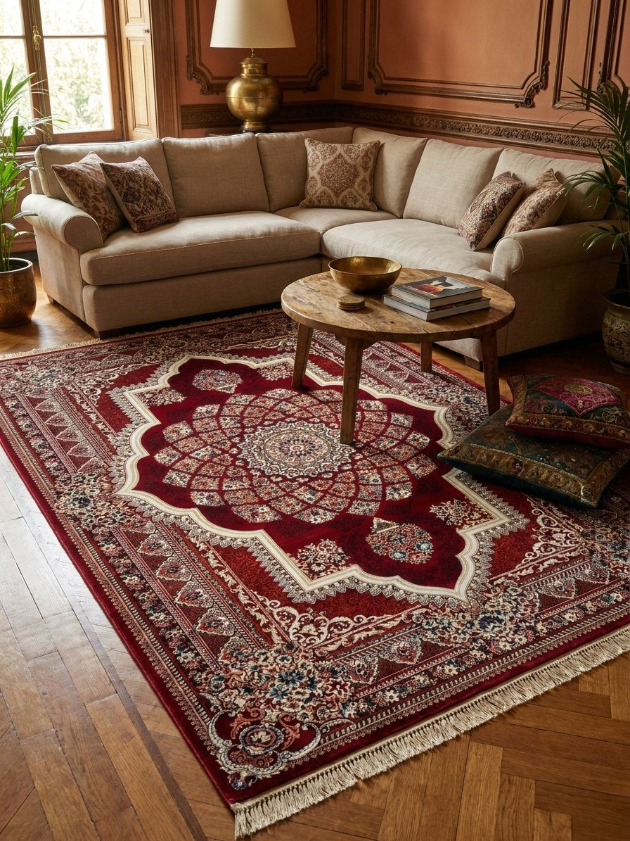 Red Persian Medallion Rug — 1200 Reeds — area rug styled in a room, Stylish Rugs & Carpets, Sacramento