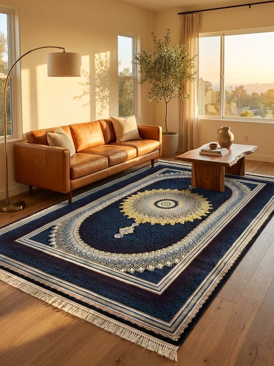Navy & Burgundy Medallion Persian Rug · 1200 Reeds — size 3x6 Feet (91x200) 2Meters Runner shown to scale in a living room — Stylish Rugs & Carpets, Sacramento