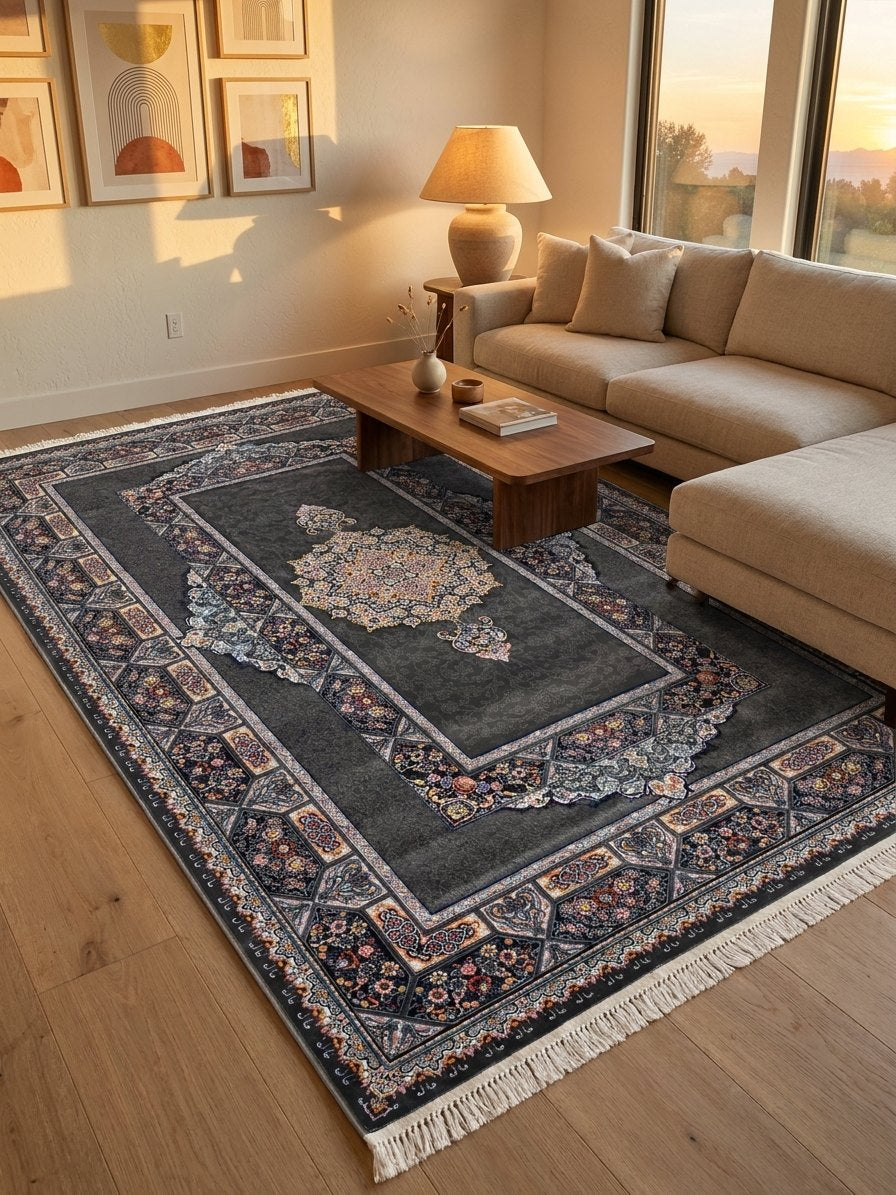 Dark Gray Medallion Persian Rug · 1200 Reeds — size 3x13 Feet (91x400 cm) 4Meters Runner shown to scale in a living room — Stylish Rugs & Carpets, Sacramento