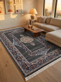 Dark Gray Medallion Persian Rug · 1200 Reeds — size 3x13 Feet (91x400 cm) 4Meters Runner shown to scale in a living room — Stylish Rugs & Carpets, Sacramento