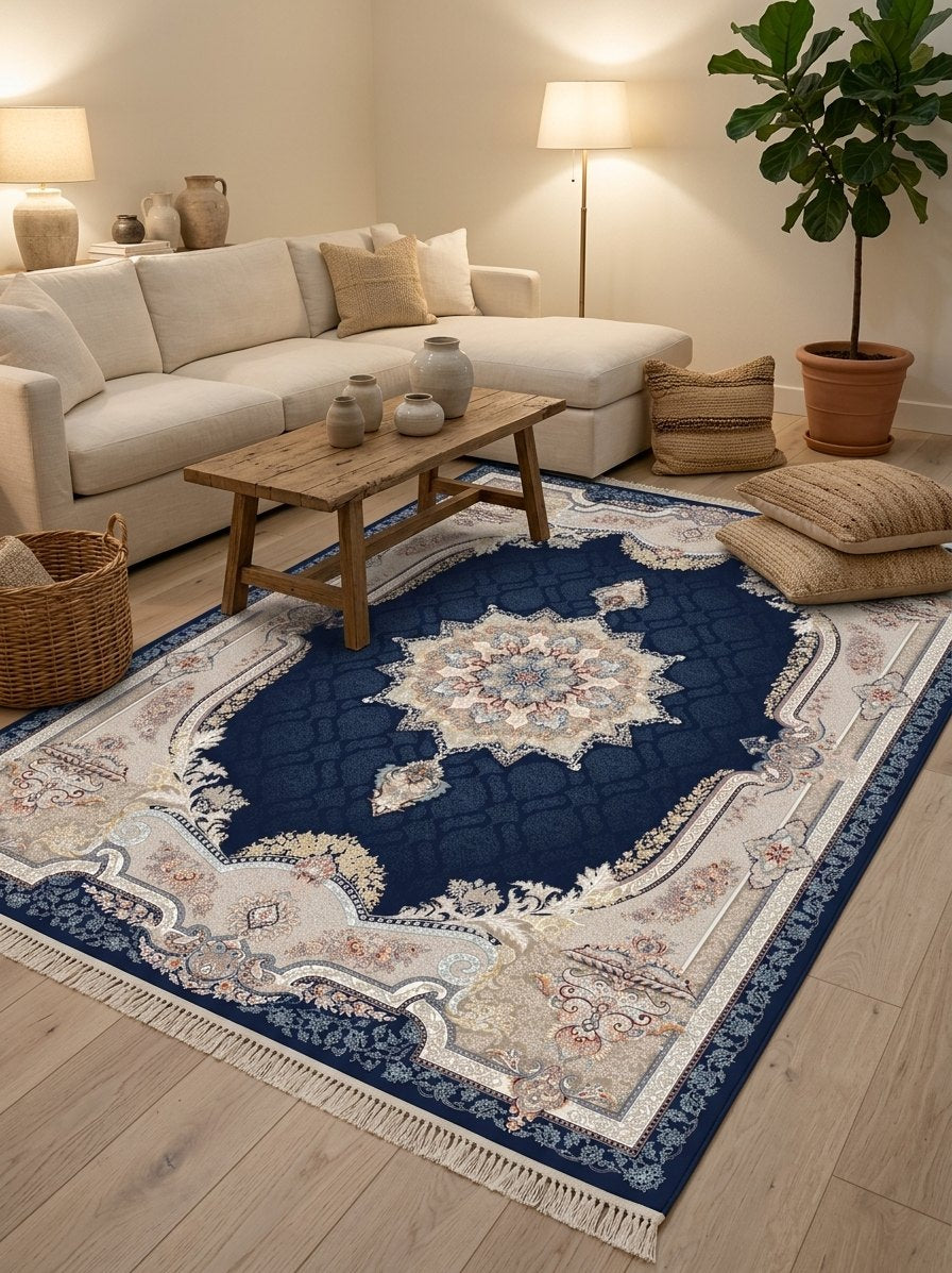 Navy Medallion Persian Rug · 1200 Reeds — size 8.2x11.5 Feet (250x350 cm) 9Meters shown to scale in a living room — Stylish Rugs & Carpets, Sacramento