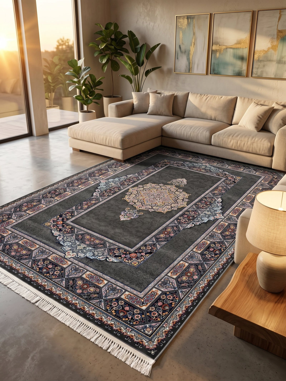 Dark Gray Traditional Medallion Persian Rug · 1200 Reeds — size 3x13 Feet (91x400 cm) 4Meters Runner shown to scale in a living room — Stylish Rugs & Carpets, Sacramento